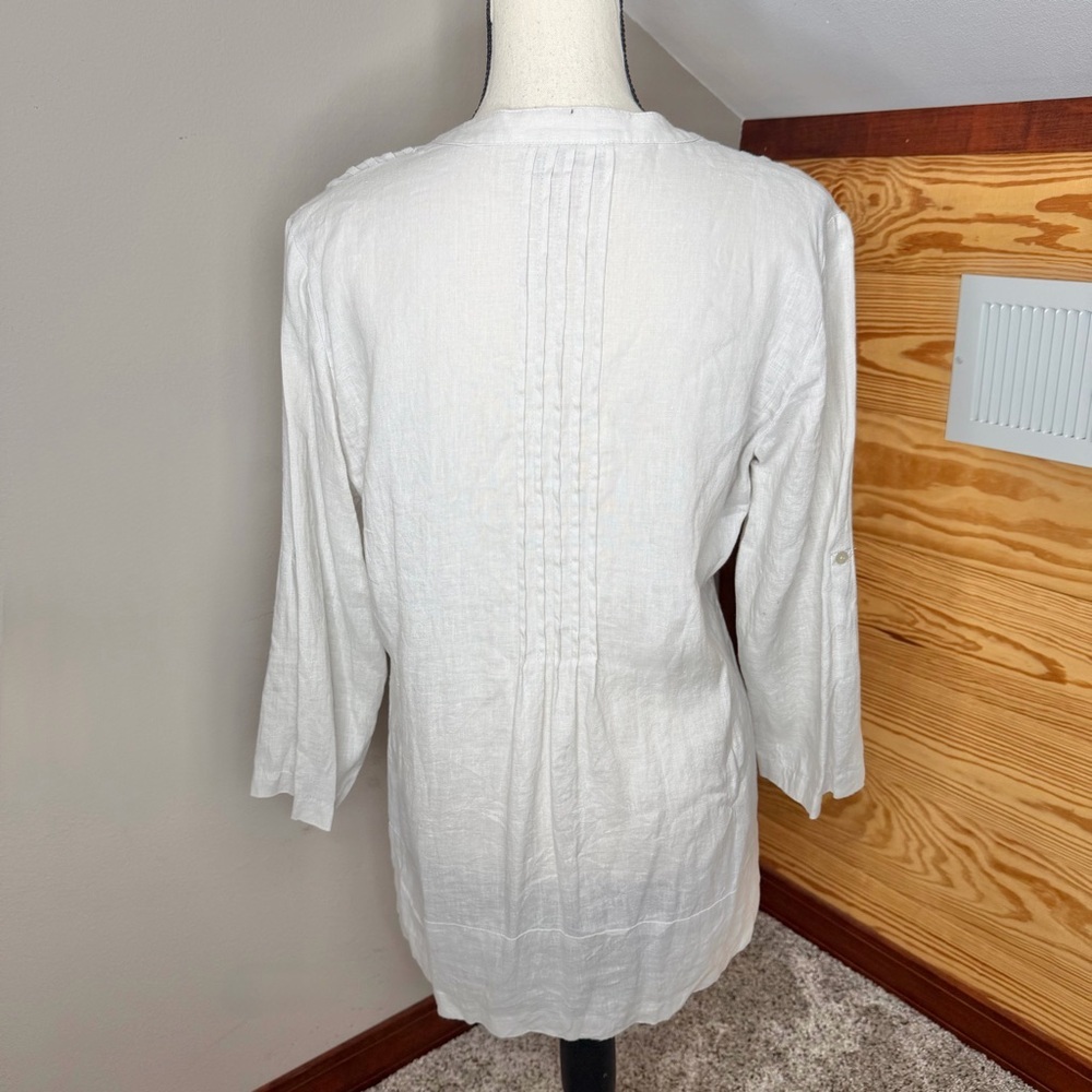 Saint Tropez West 100% Linen Tunic Top Medium M Light Grey Pleated Boho - Picture 2 of 9